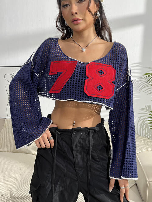 Contrast Patches Long Sleeve Cropped Knit Top Sunset and Swim Navy S 