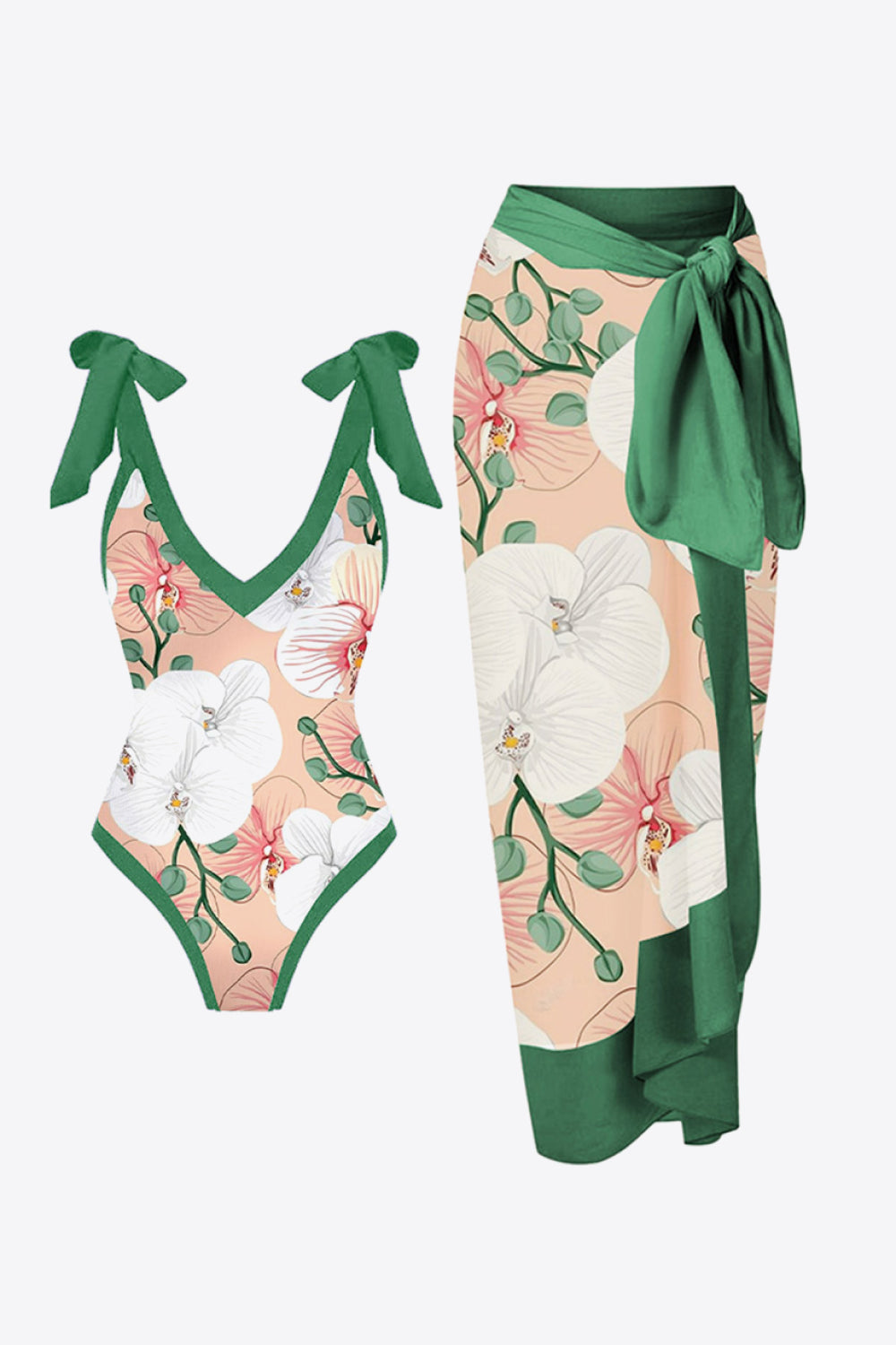 Floral V-Neck Two-Piece Swim Set  Sunset and Swim Mid Green S 