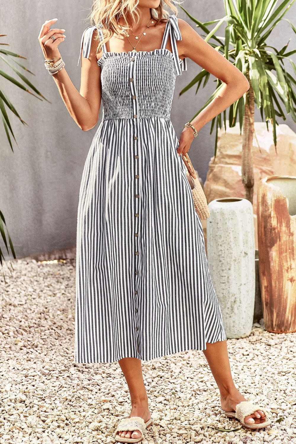 Smocked Tie Strap Sleeveless Striped Midi Dress Sunset and Swim   