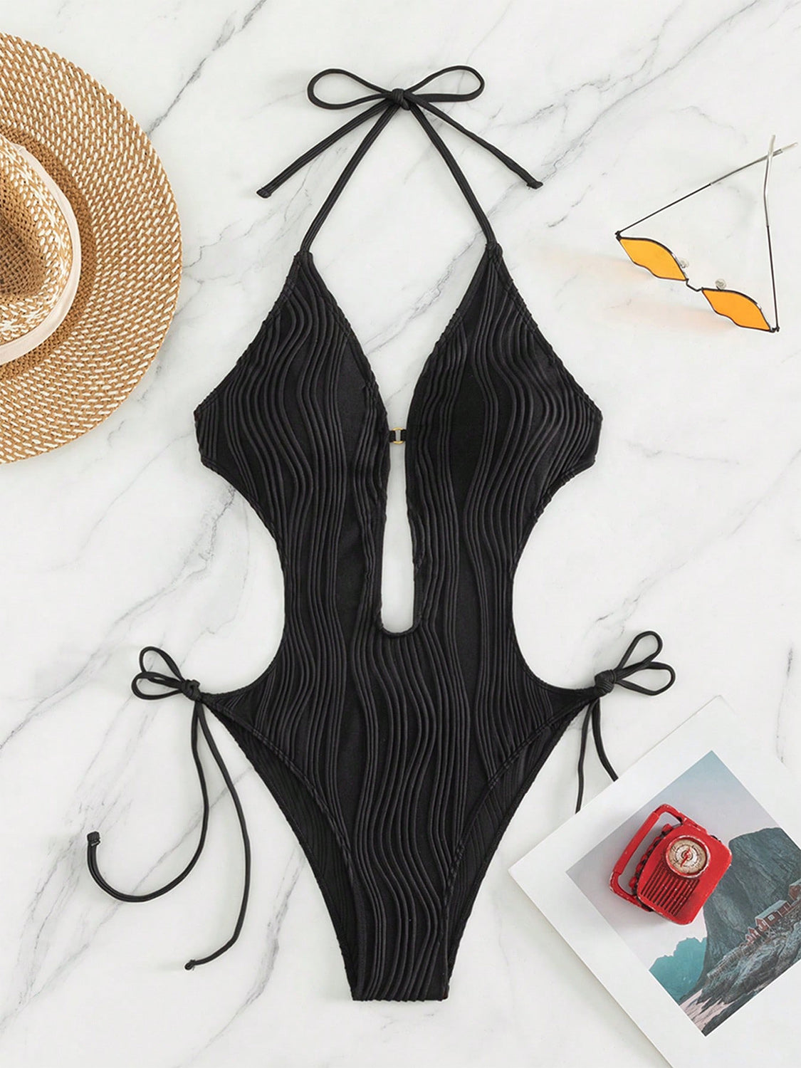 Sunset Vacation  Textured Cutout Tied One-Piece Swimwear  Sunset and Swim   