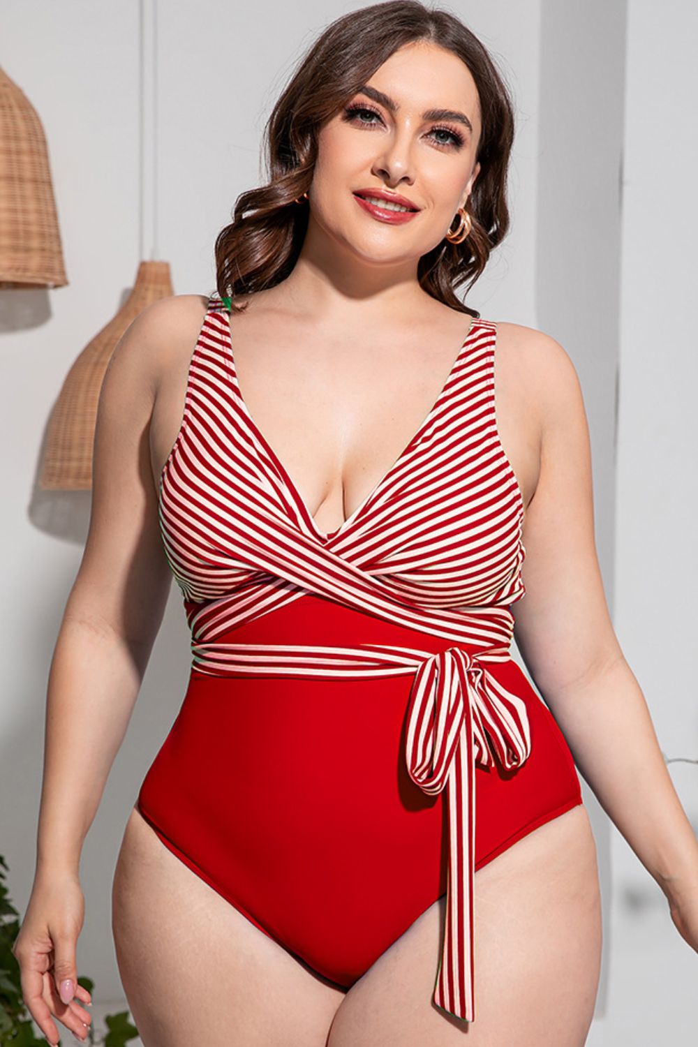 Plus Size Striped Tie-Waist One-Piece DD+ Swimsuit  Sunset and Swim Red L 