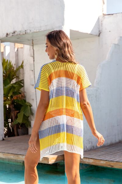 Sunset Vacation  Openwork Striped V-Neck Short Sleeve Cover Up Sunset and Swim   
