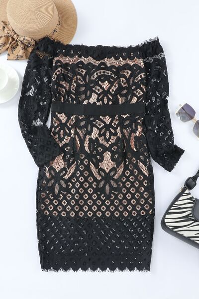 Off-Shoulder Long Sleeve Lace Dress Sunset and Swim   