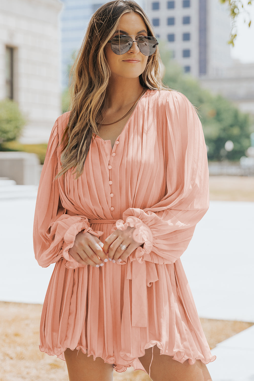 Pleated Button Front Flounce Sleeve Romper Playsuit  Sunset and Swim   