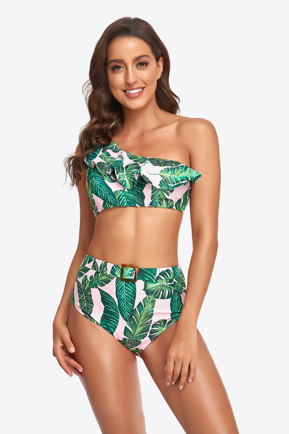 Ruffled One-Shoulder Buckled Bikini Set  Sunset and Swim Mid Green S 