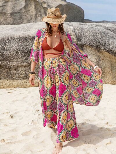 Printed Open Front Cardigan and Pants Set Sunset and Swim   