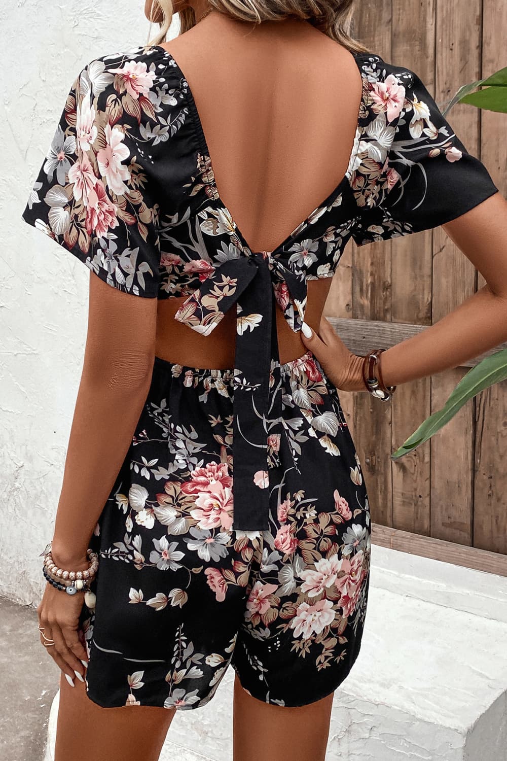 Floral Cutout Tie Back Romper Sunset and Swim   