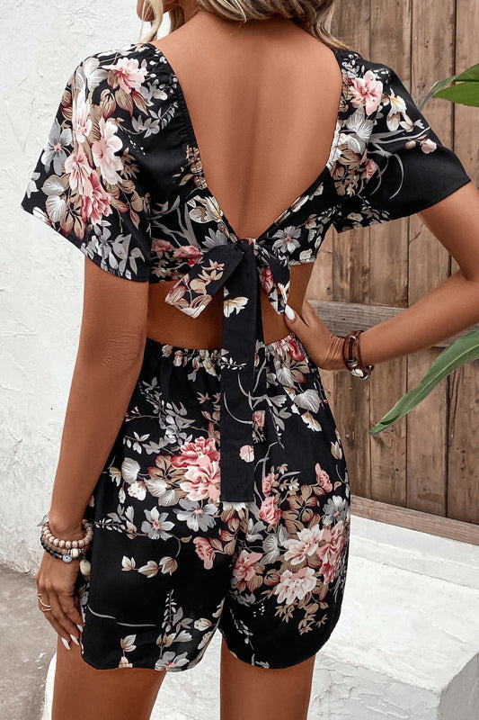Floral Cutout Tie Back Romper  Sunset and Swim   