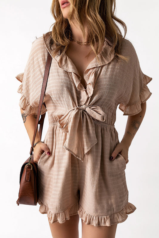 Striped Tie Detail Ruffled Romper with Pockets Playsuit  Sunset and Swim Camel S 