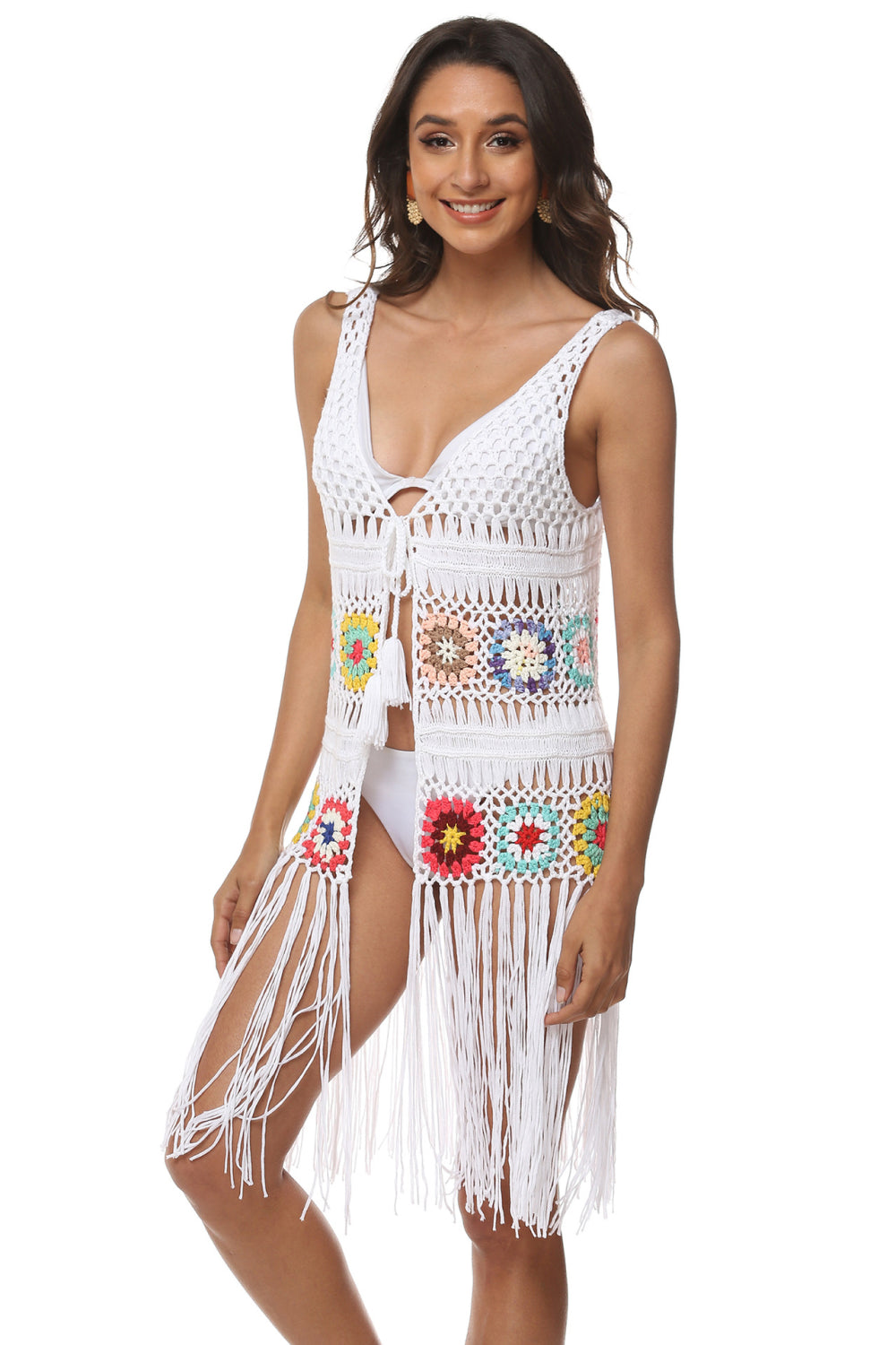 Openwork Fringe Detail Embroidery Sleeveless Cover-Up  Sunset and Swim   
