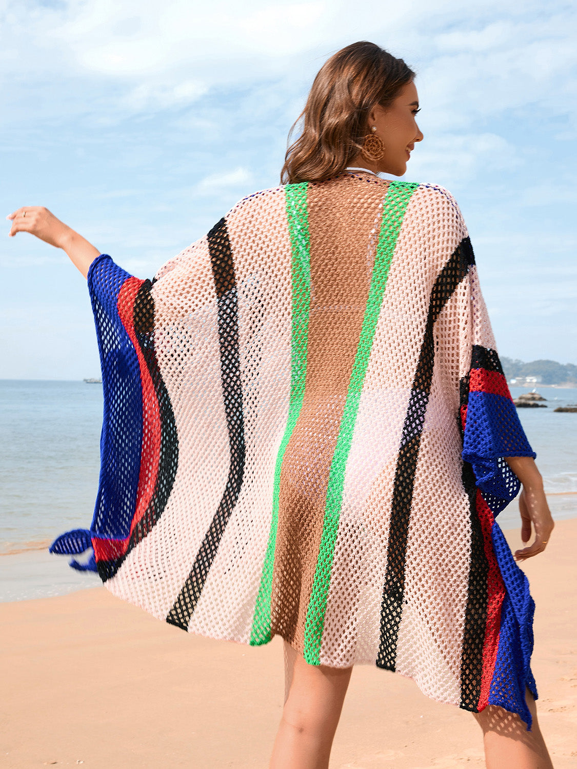 Sunset Vacation  Openwork Color Block Plunge Cover-Up Sunset and Swim   