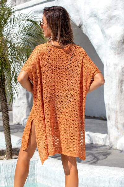 Sunset Vacation  Openwork Slit Scoop Neck Cover Up Sunset and Swim   