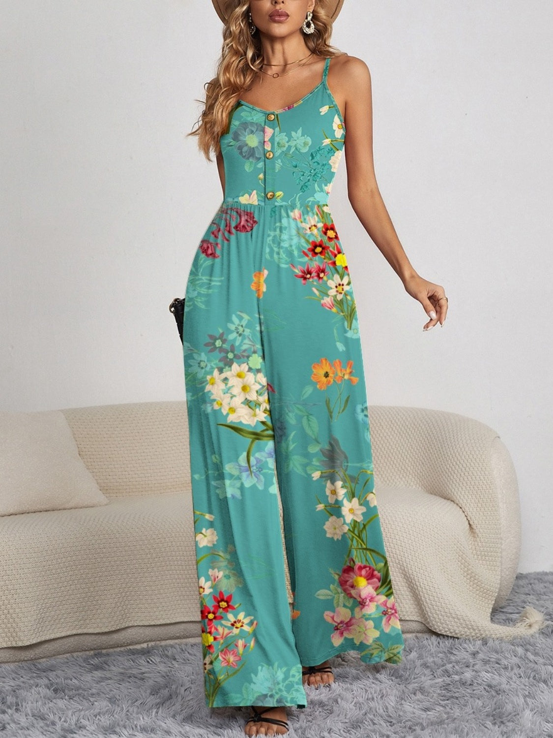 Sunset Vacation  Decorative Button Spaghetti Strap Wide Leg Jumpsuit Sunset and Swim Teal S 