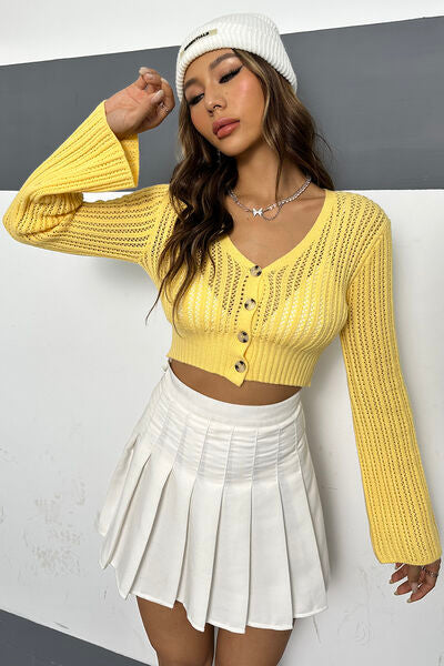 Openwork Button Up Long Sleeve Cropped Cardigan Sunset and Swim   