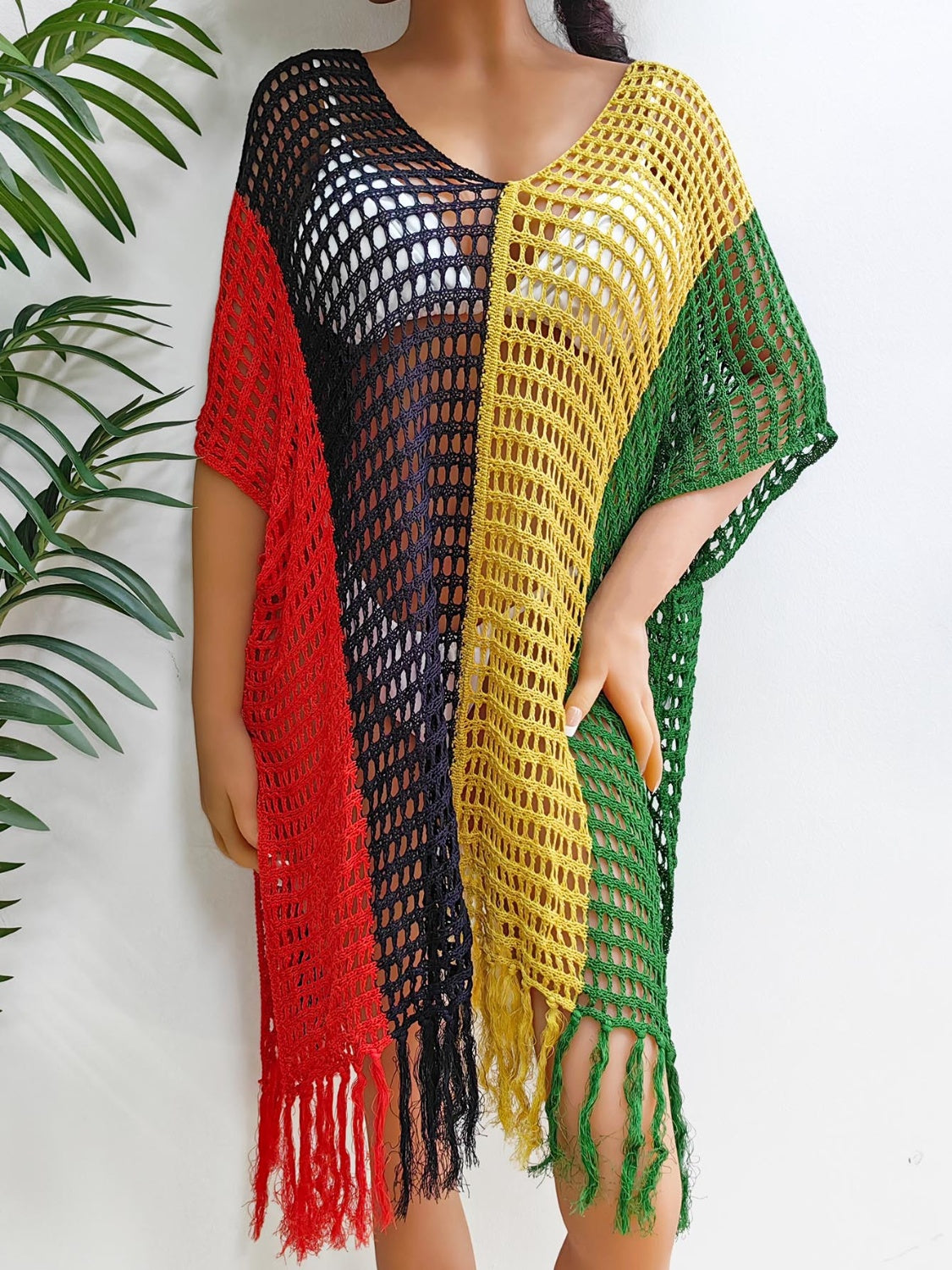 Sunset Vacation  Fringe Color Block Scoop Neck Cover Up  Sunset and Swim Mid Green One Size 
