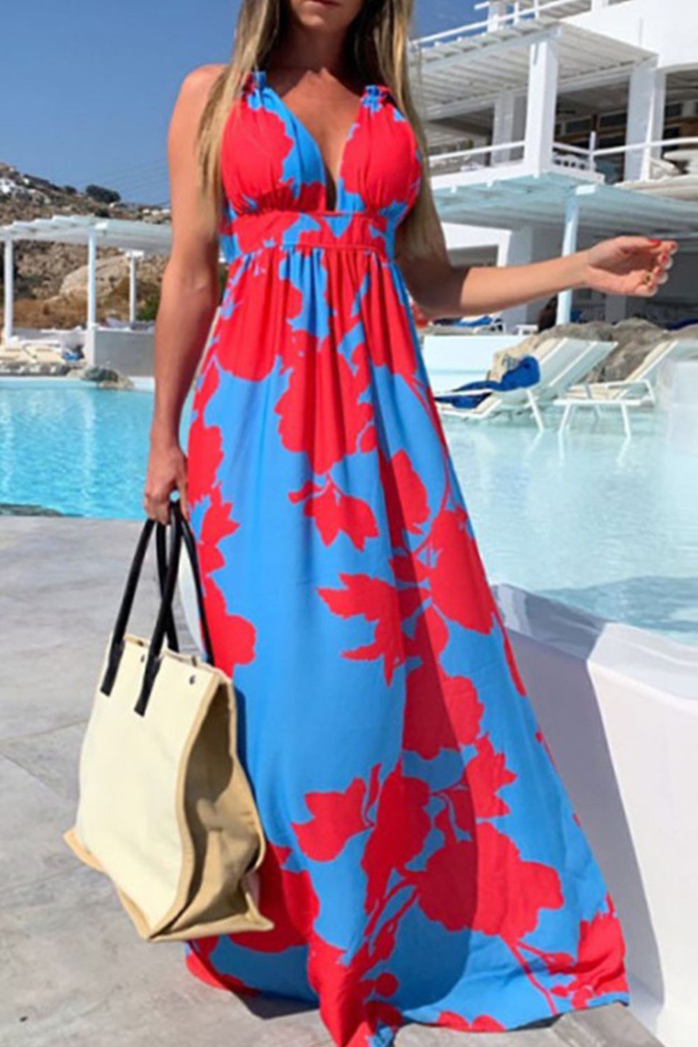 Contrast Halter Neck Maxi Dress  Sunset and Swim Blue/Red S 