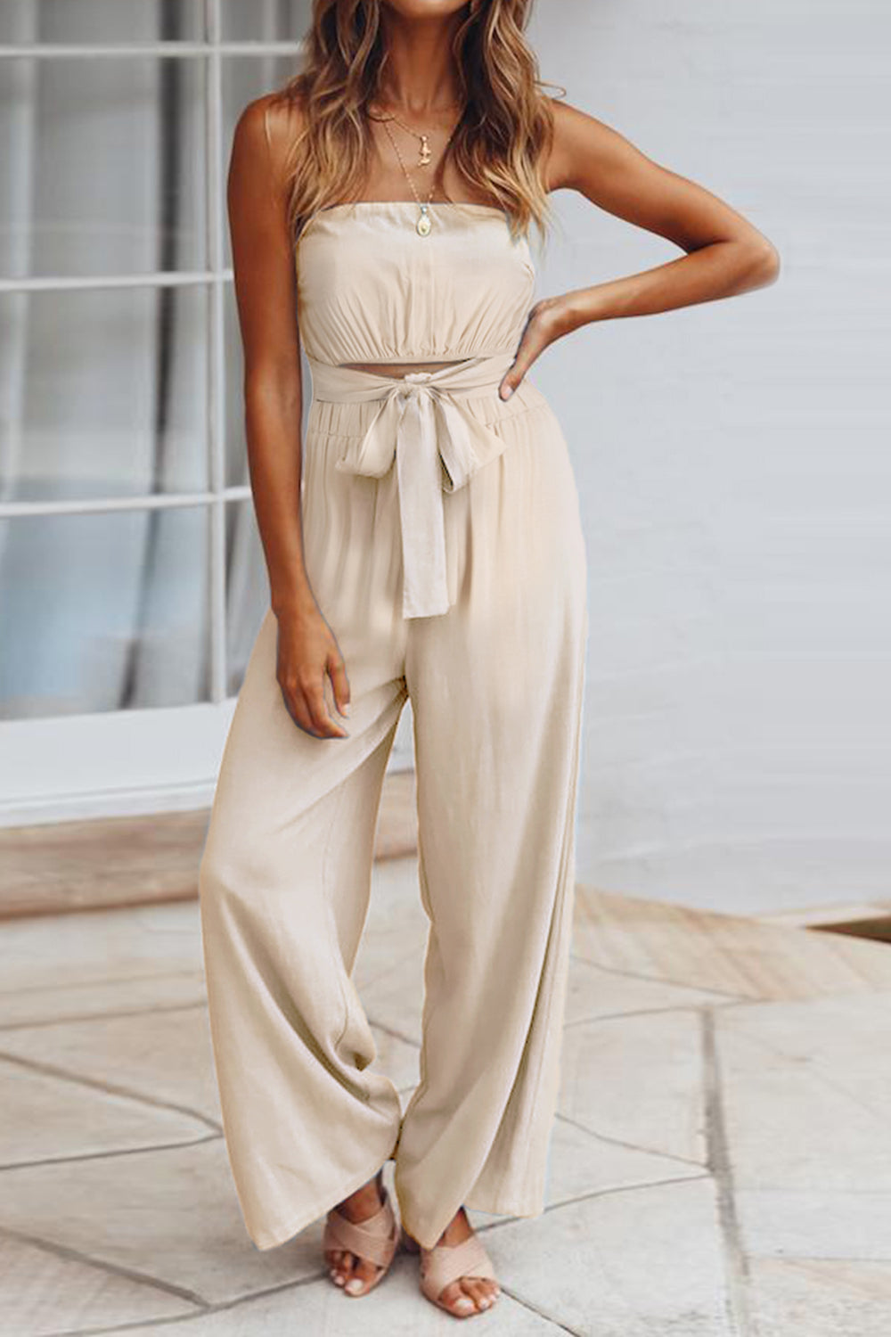 Sunset Vacation  Tied Cutout Tube Wide Leg Jumpsuit  Sunset and Swim Sand S 