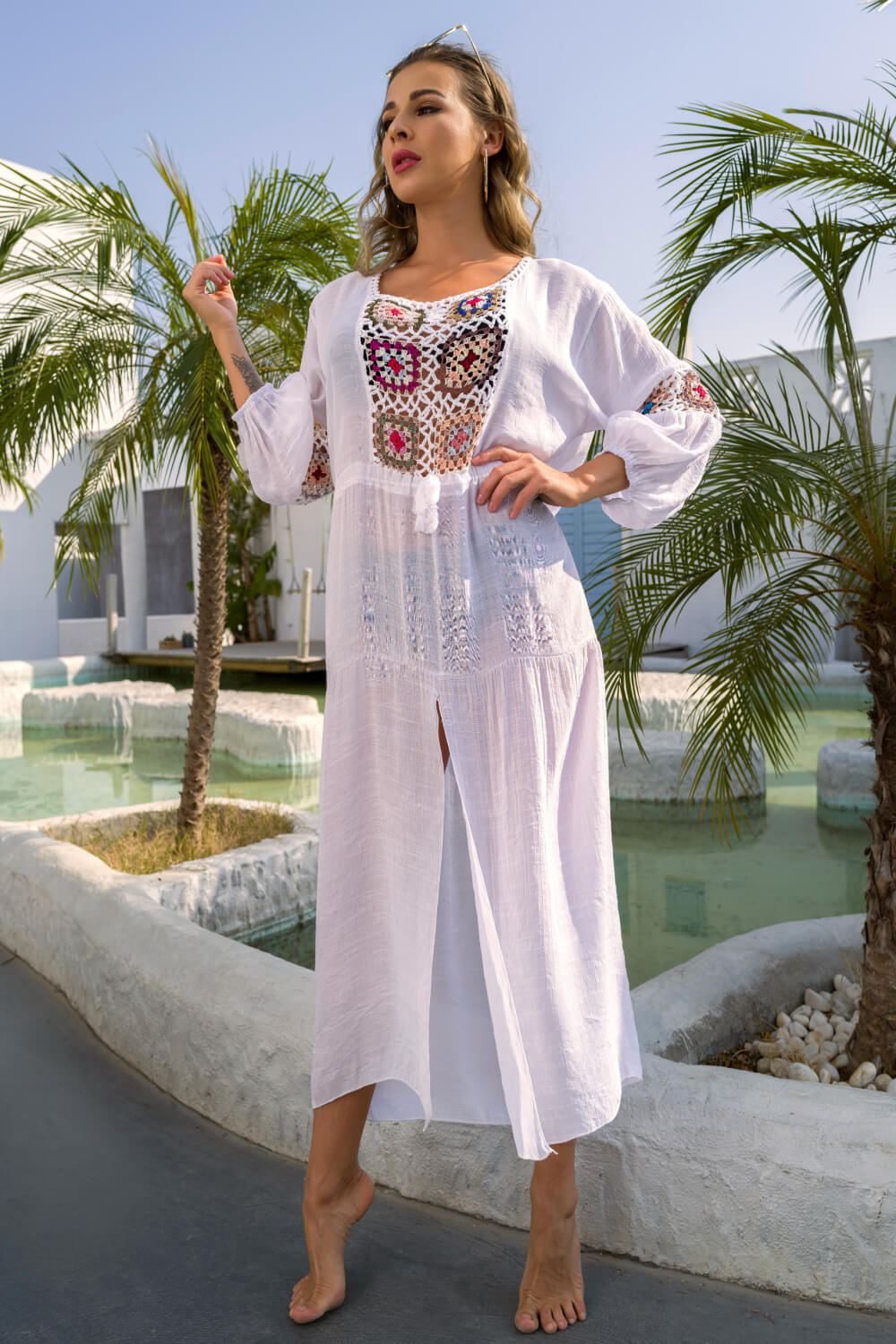 Bohemian Graphic Front Split Swimsuit Cover Up Dress  Sunset and Swim White One Size 
