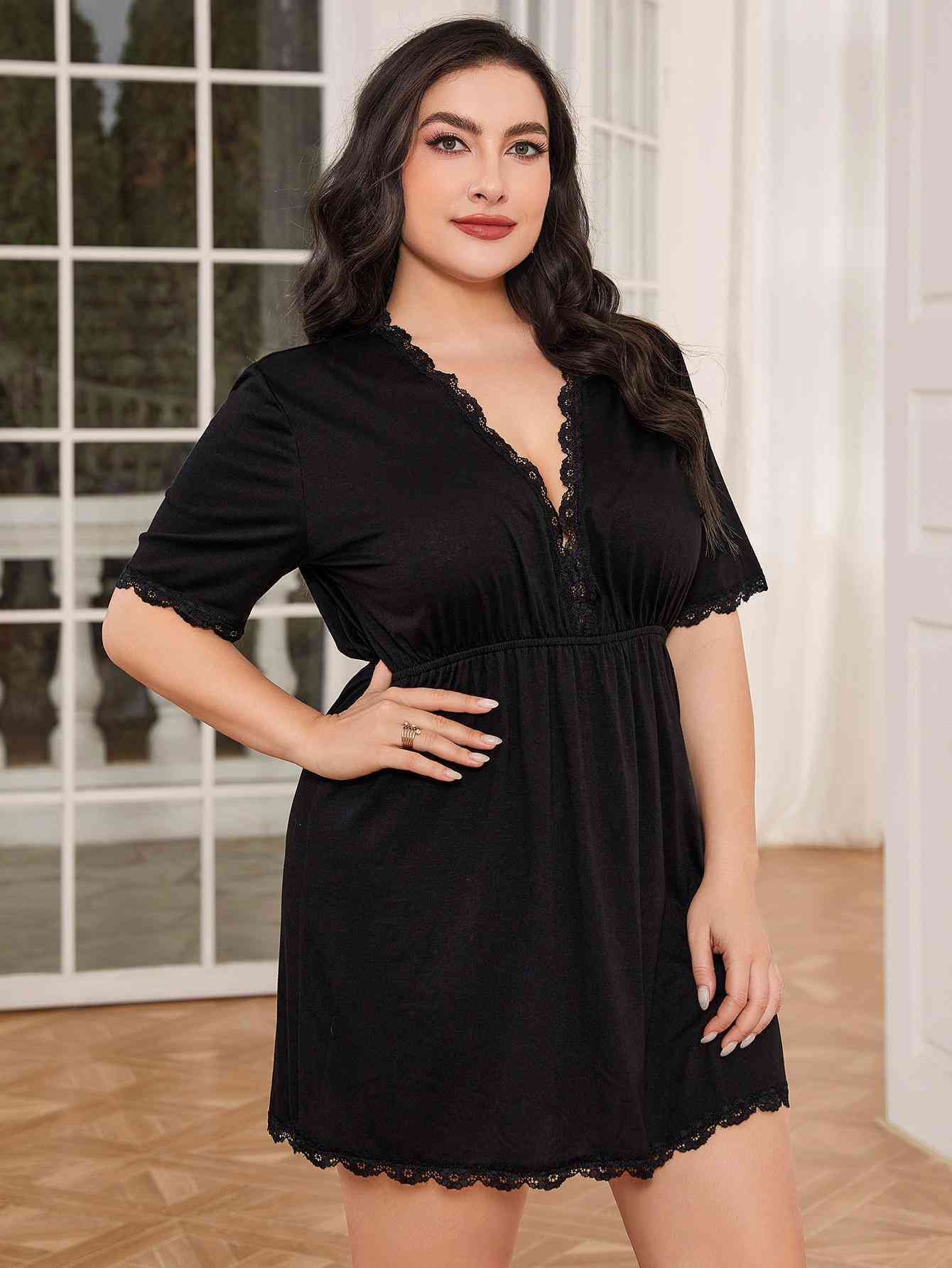 Plus Size Lace Trim Deep V Night Dress Sunset and Swim Black 0XL 