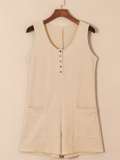 Waffle-Knit Half Button Sleeveless Romper with Pockets Sunset and Swim Light Apricot S 