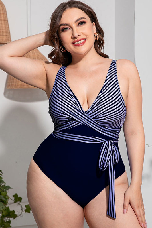Plus Size Striped Tie-Waist One-Piece DD+ Swimsuit  Sunset and Swim Navy L 