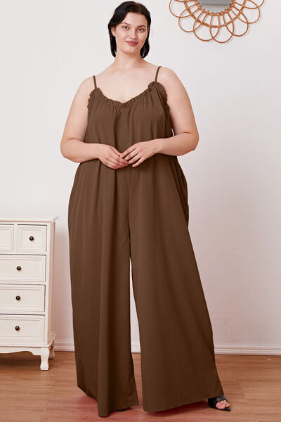 Full Size Ruffle Trim Tie Back Cami Jumpsuit with Pockets  Sunset and Swim   