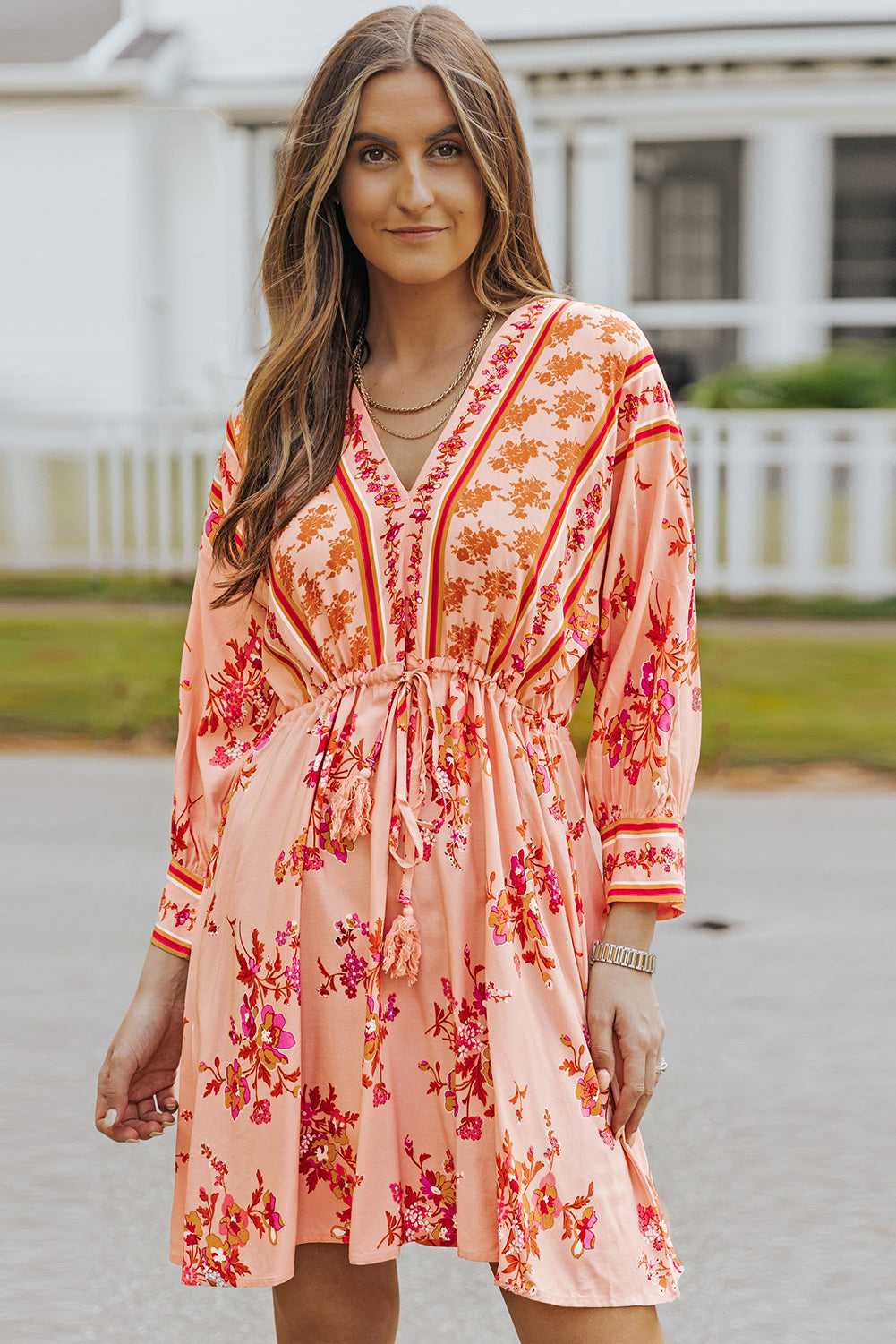 Floral Tassel Tie Drawstring Waist Dress Sunset and Swim Orange S 