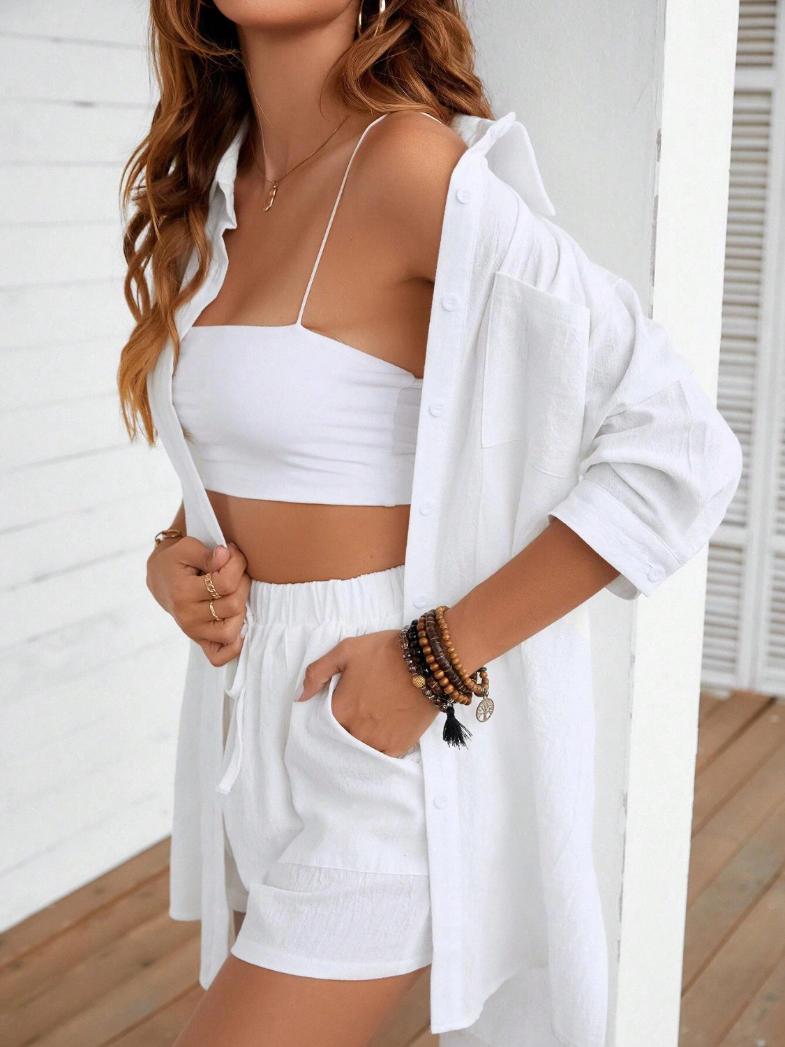 Sunset Vacation  Dropped Shoulder Button Up Shirt and Shorts Set Sunset and Swim   