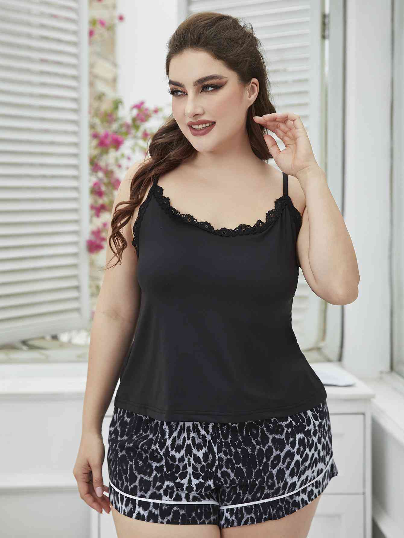 Plus Size Lace Trim Scoop Neck Cami and Printed Shorts Pajama Set  Sunset and Swim   