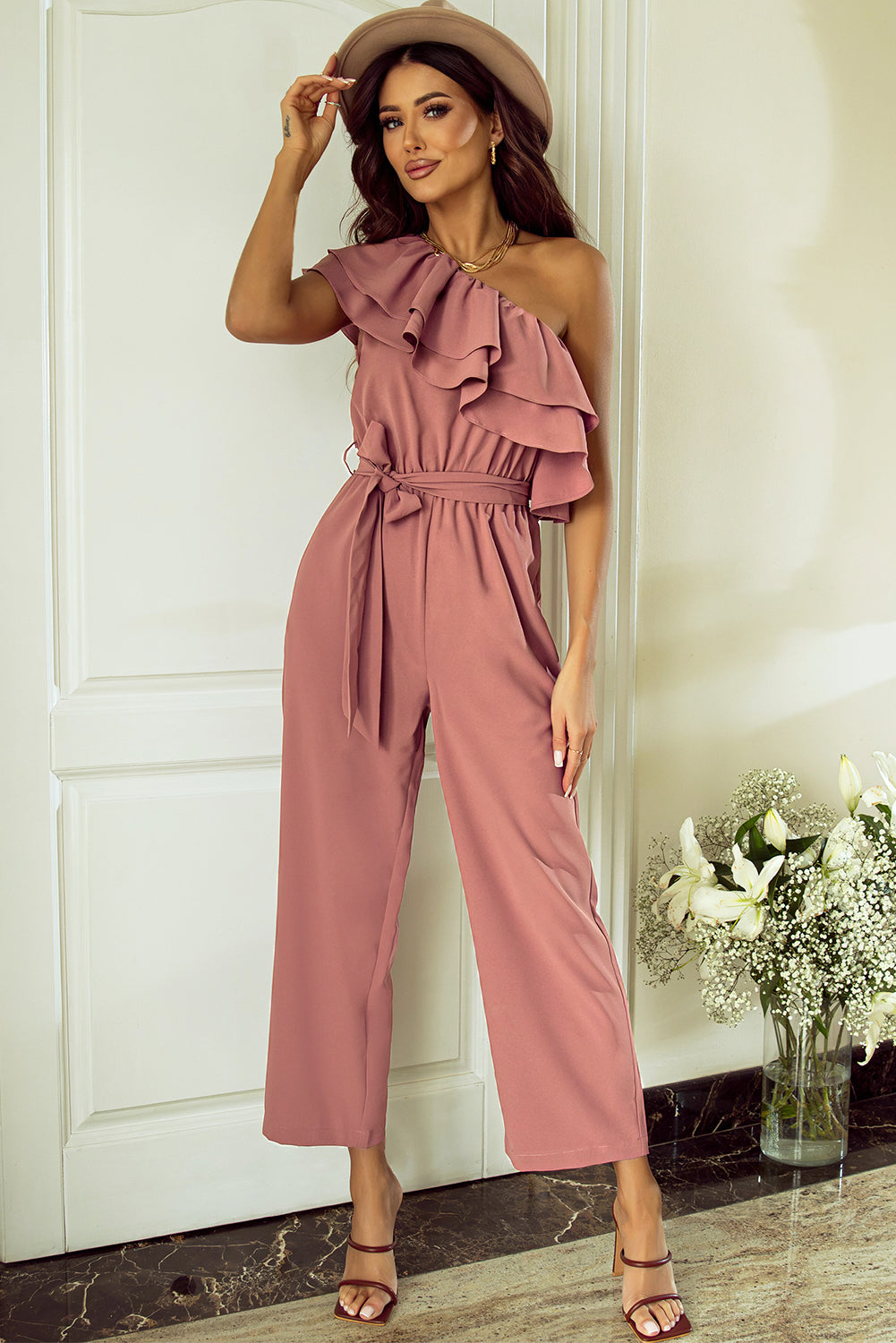Sunset Vacation  Ruffled Tied One-Shoulder Jumpsuit  Sunset and Swim   
