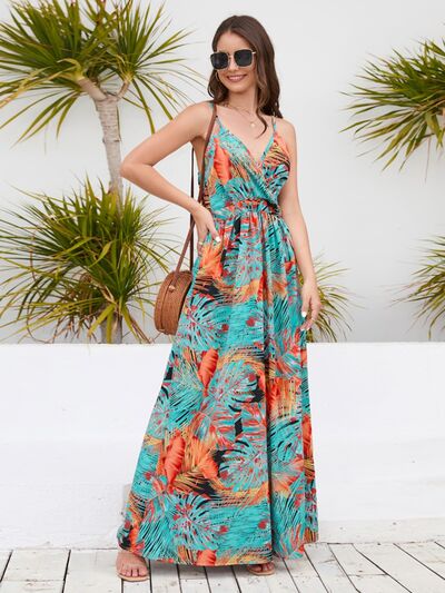 Printed Surplice Spaghetti Strap Dress Sunset and Swim   