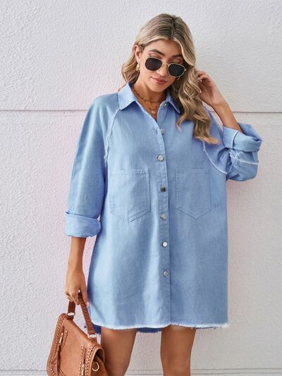 Raw Hem Button Up Denim Dress Sunset and Swim   