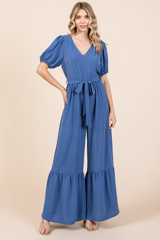 Sunset Vacation  GeeGee Full Size V-Neck Belted Wide Leg Jumpsuit  Sunset and Swim Denim Blue S 