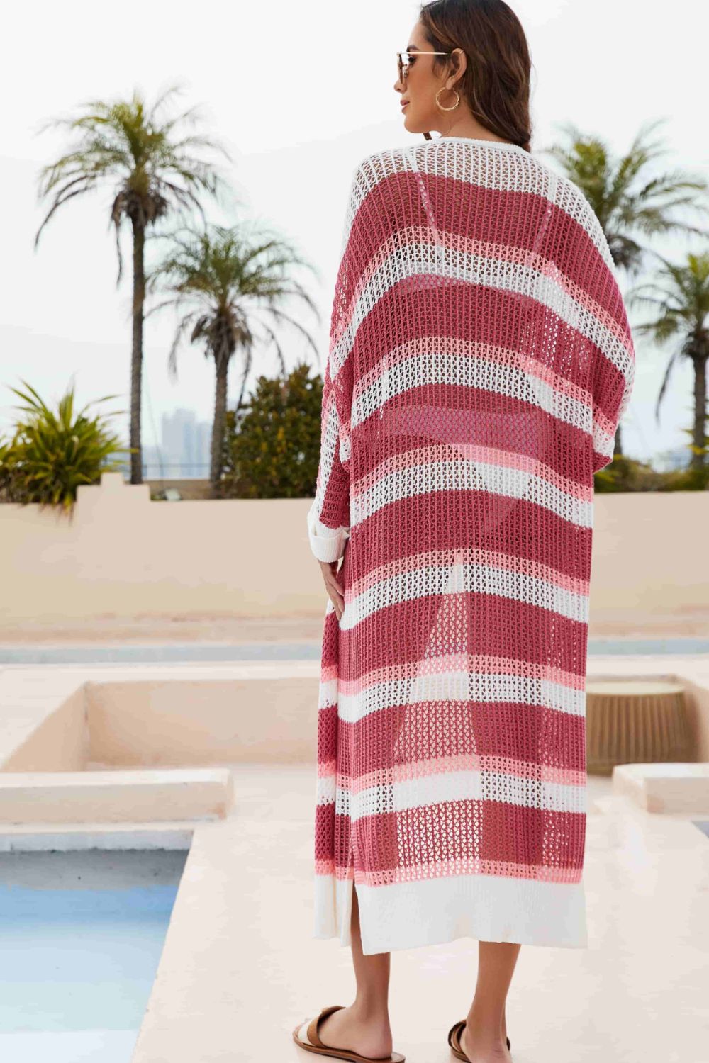 Striped Open Front Side Slit Duster Cover Up  Sunset and Swim   