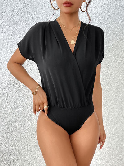 Surplice Short Sleeve Ruched Bodysuit  Sunset and Swim Black S 
