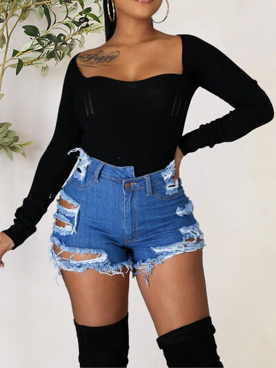 Distressed Raw Hem Denim Shorts with Pockets Sunset and Swim   