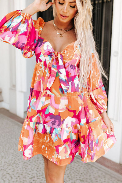 Sweetheart Neck Balloon Sleeve Tiered Mini Dress Sunset and Swim   