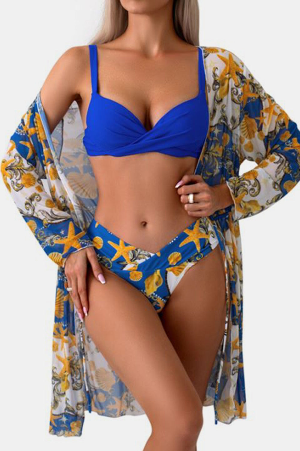 Sunset VCAY  Ruched Top, Brief and Tied Cover Up Swim Set Sunset and Swim Royal  Blue S 