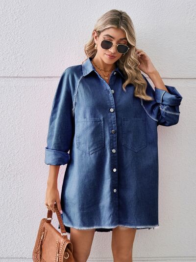 Raw Hem Button Up Denim Dress Sunset and Swim Navy S 