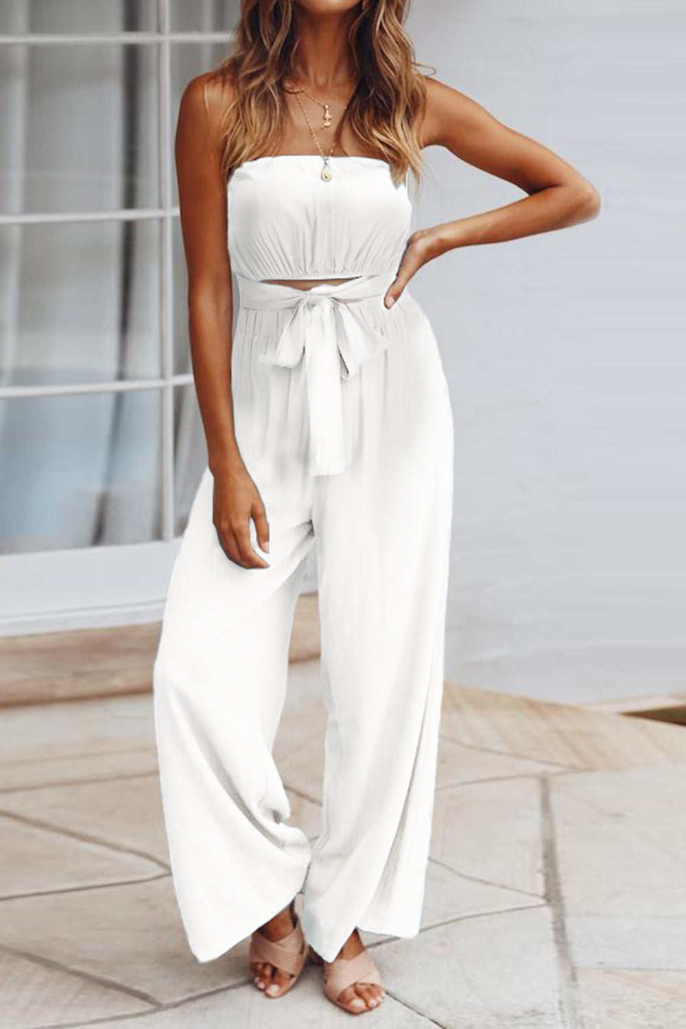 Sunset Vacation  Tied Cutout Tube Wide Leg Jumpsuit  Sunset and Swim White S 