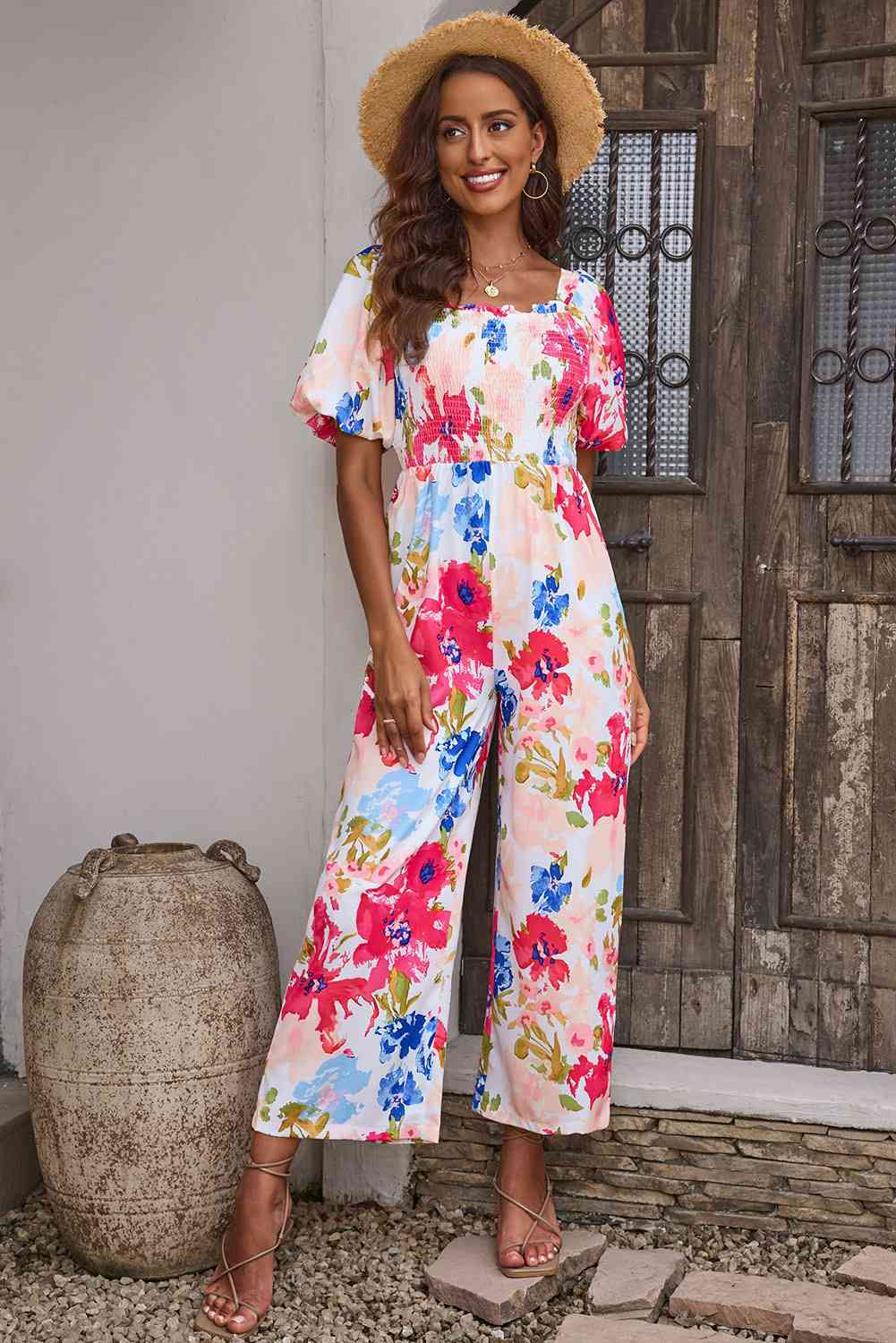 Floral Smocked Square Neck Jumpsuit Sunset and Swim   