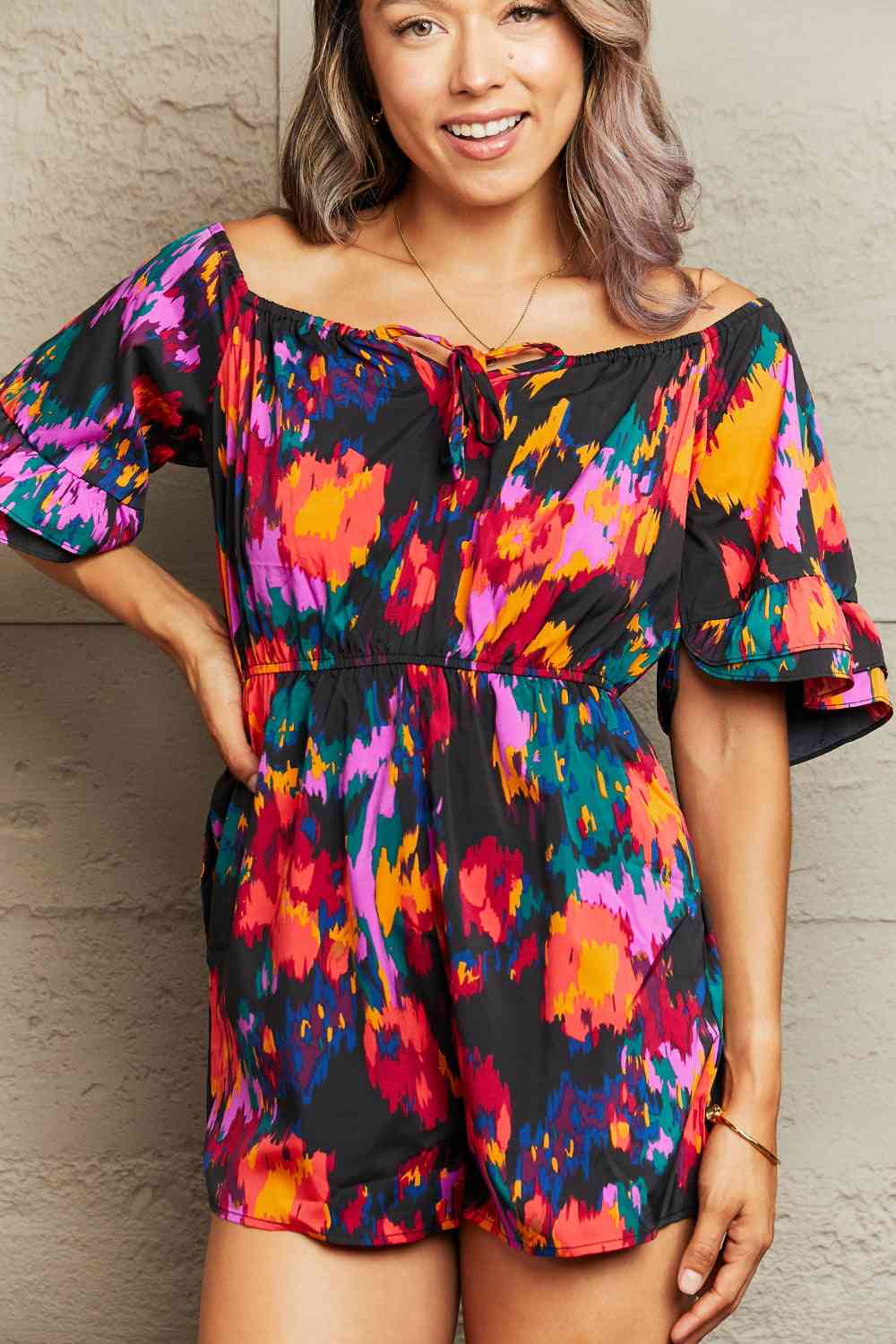 Printed Tied Flounce Sleeve Romper Sunset and Swim   