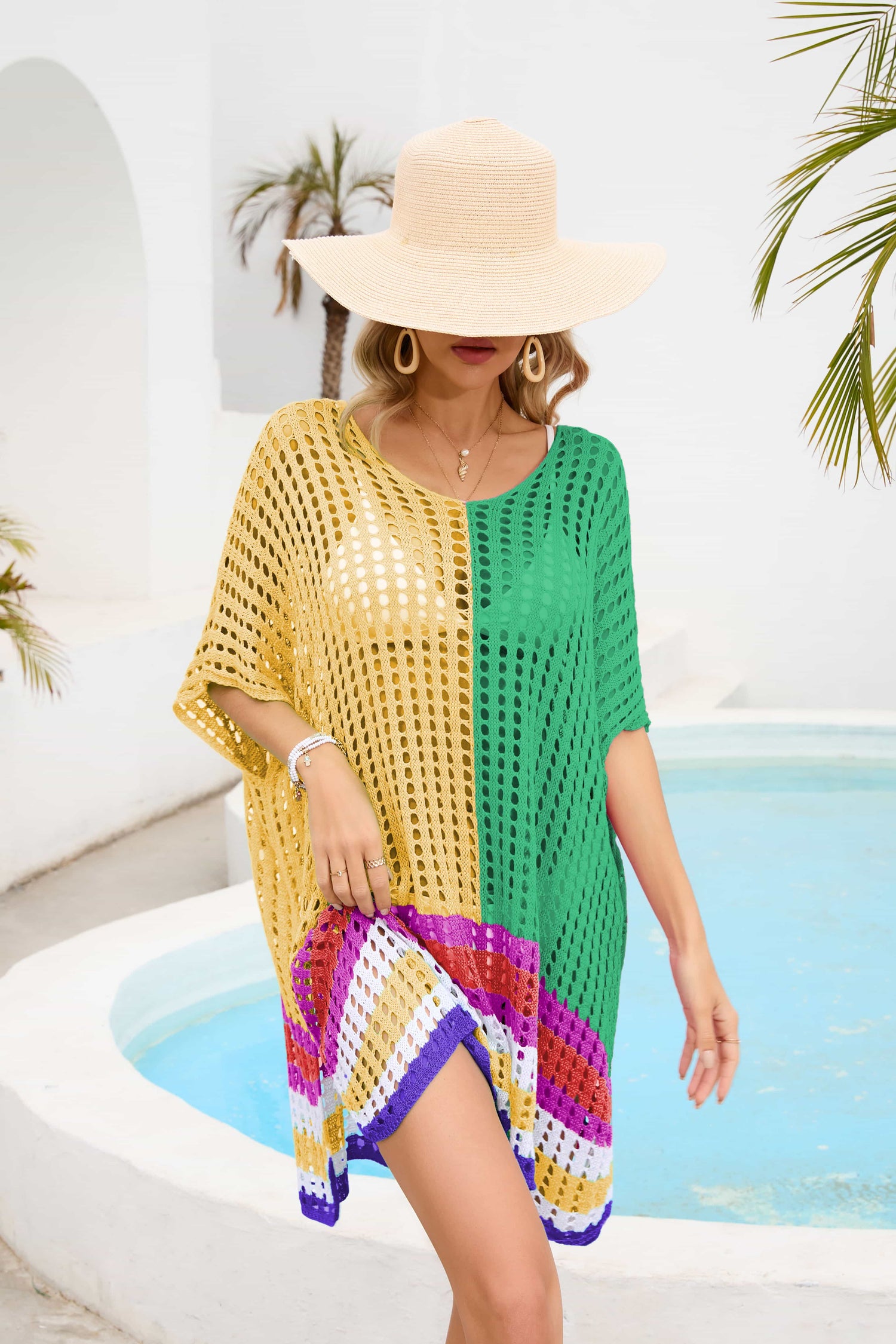 Sunset and Swim Contrast Scoop Neck Openwork Half Sleeve Swimsuit Coverup  Sunset and Swim Mustard One Size 