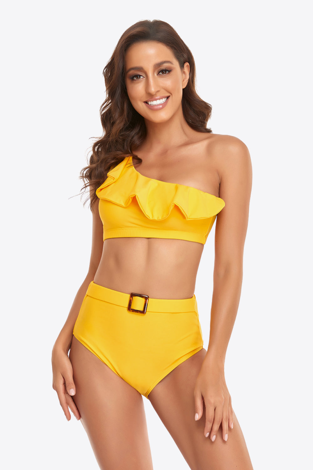 Ruffled One-Shoulder Buckled Bikini Set  Sunset and Swim Banana Yellow S 