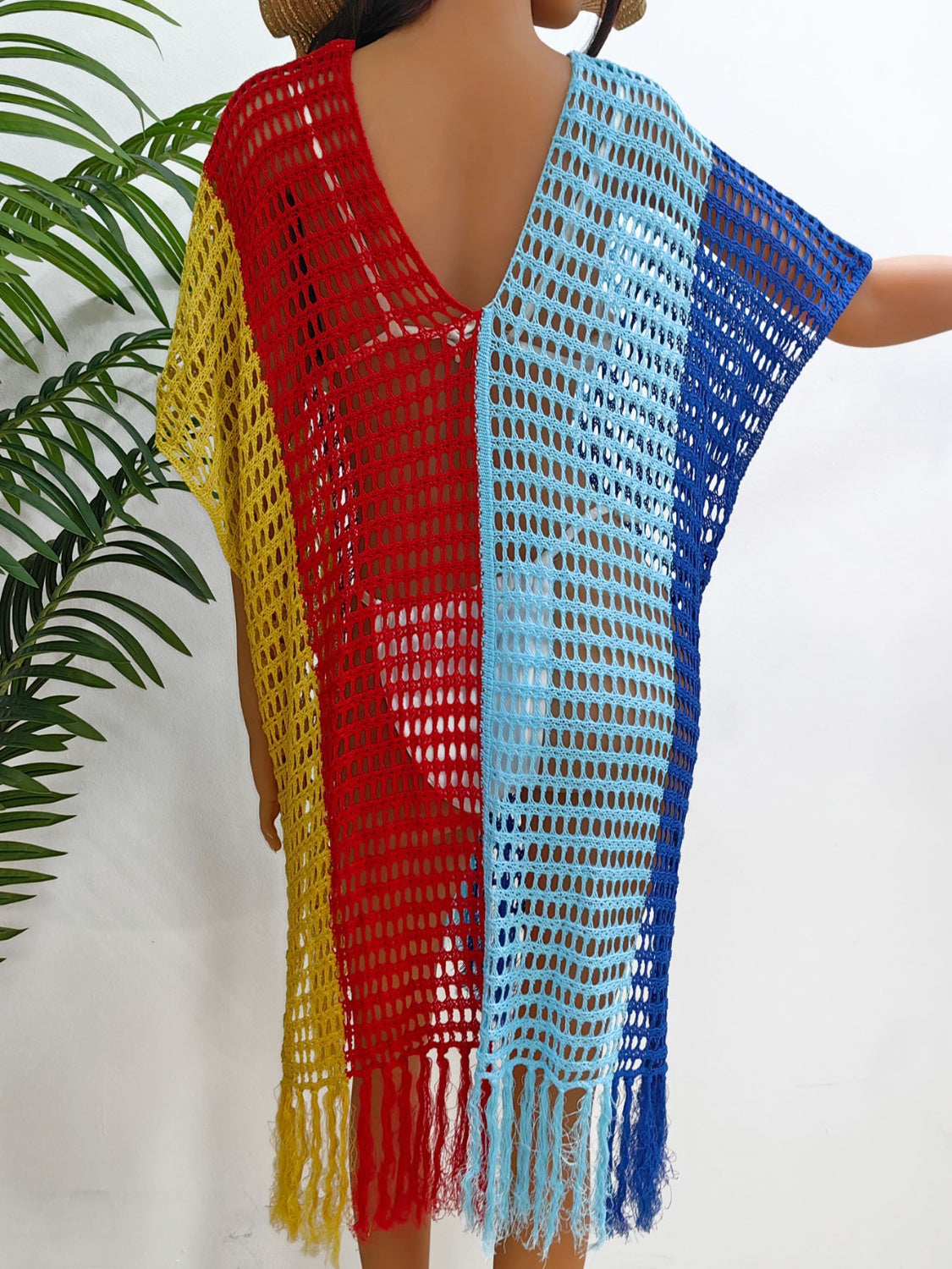 Sunset Vacation  Fringe Color Block Scoop Neck Cover Up  Sunset and Swim   