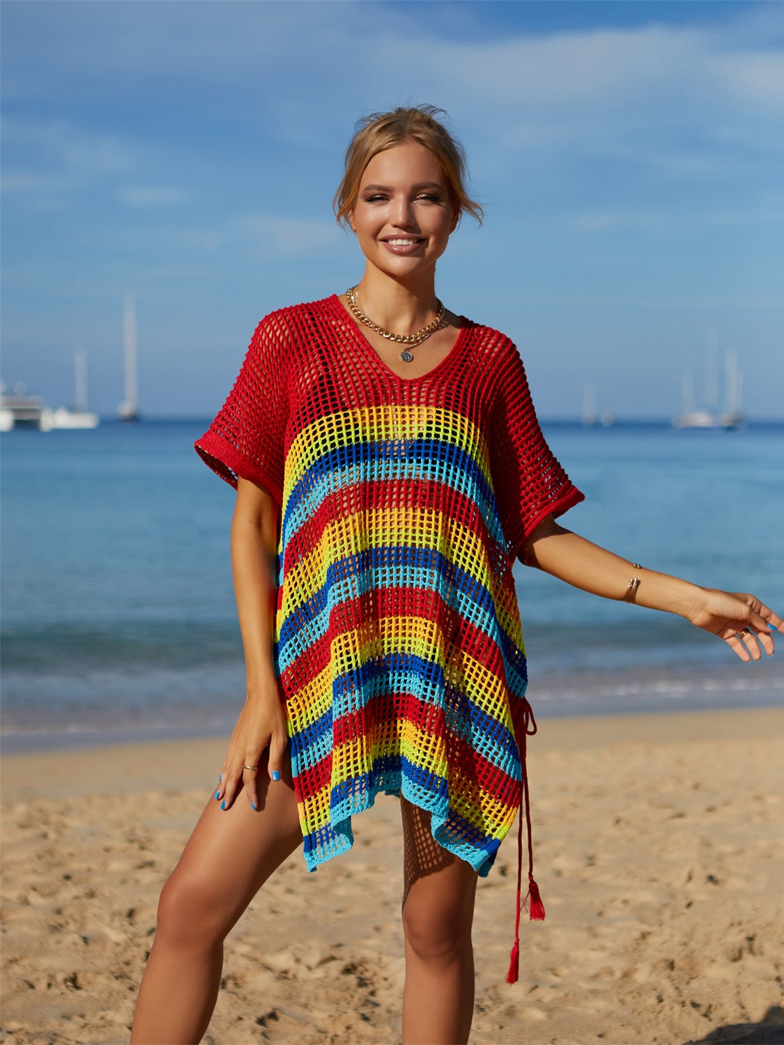 Sunset VCAY  Cutout Striped Cover-Up with Tassel  Sunset and Swim   