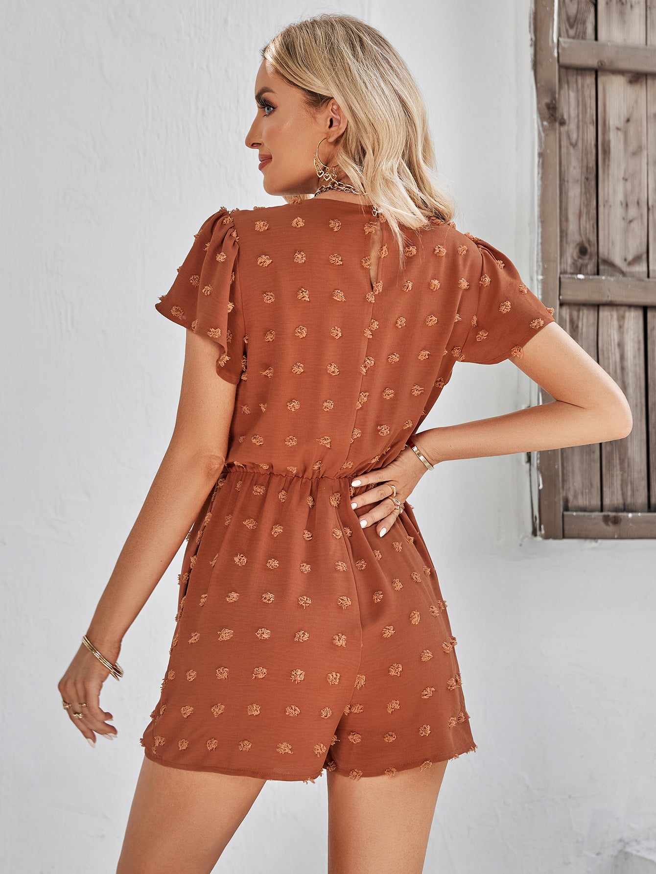 Swiss Dot Lace Trim Flutter Sleeve Romper with Pockets Playsuit  Sunset and Swim   