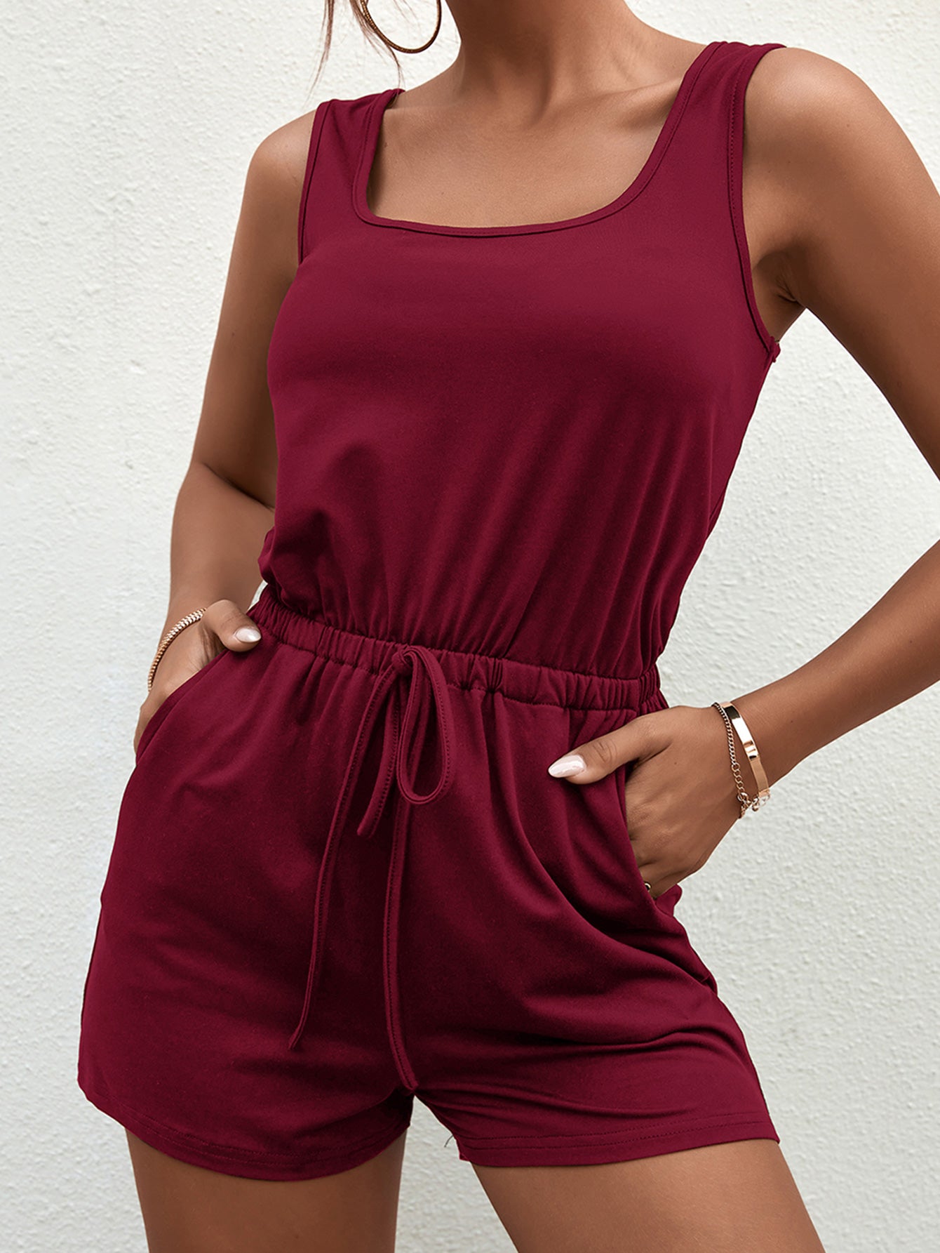 Square Neck Sleeveless Romper with Pockets  Sunset and Swim Wine S 