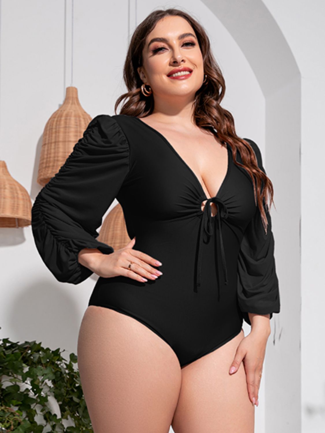 Plus Size Tied Deep V Balloon Sleeve One-Piece Swimsuit  Sunset and Swim Black 2XL 