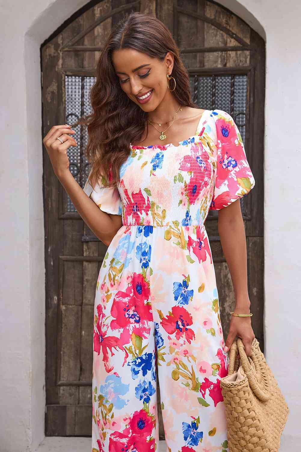 Floral Smocked Square Neck Jumpsuit Sunset and Swim   